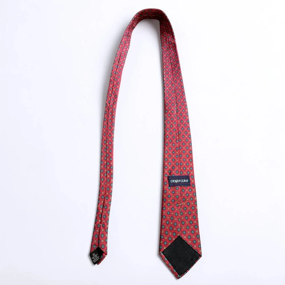 Claybrooke Mens Silk Necktie Red Teal Gold Medallion Geometric‎ Hand Made Tie